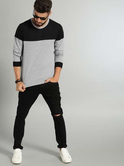 Roadster Men Grey Melange  Black Colourblocked Tsh