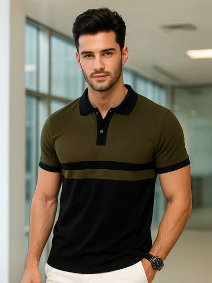 VEIRDO Men Olive  Black Colorblocked Cotton Regula